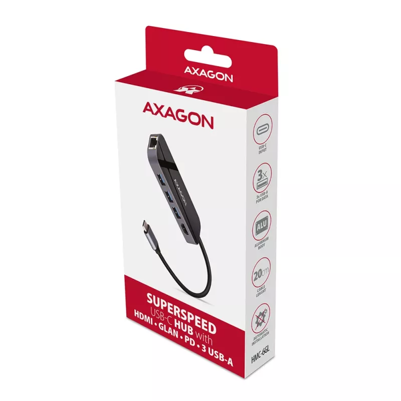 Axagon HMC-6GL USB 3.2 Gen 1 centrinis įrenginys, 3x USB-A, HDMI 4k/30Hz, RJ-45, PD 100W, 20 cm USB-C kabelis