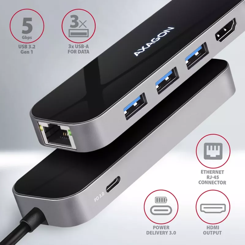 Axagon HMC-6GL USB 3.2 Gen 1 centrinis įrenginys, 3x USB-A, HDMI 4k/30Hz, RJ-45, PD 100W, 20 cm USB-C kabelis