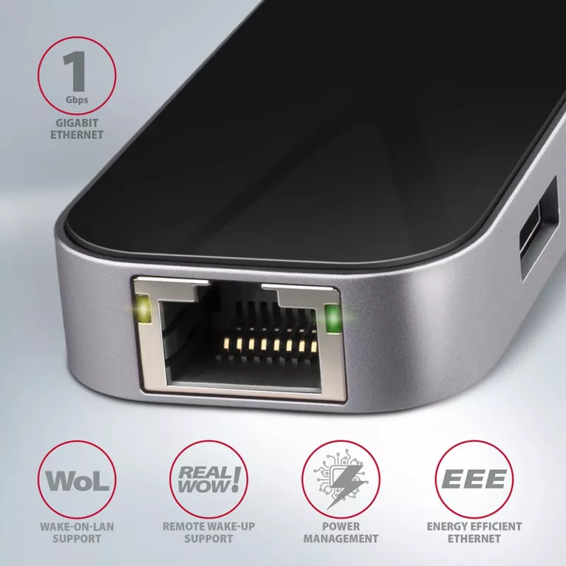 Axagon HMC-6GL USB 3.2 Gen 1 centrinis įrenginys, 3x USB-A, HDMI 4k/30Hz, RJ-45, PD 100W, 20 cm USB-C kabelis