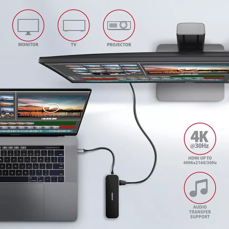 Axagon HMC-6GL USB 3.2 Gen 1 centrinis įrenginys, 3x USB-A, HDMI 4k/30Hz, RJ-45, PD 100W, 20 cm USB-C kabelis