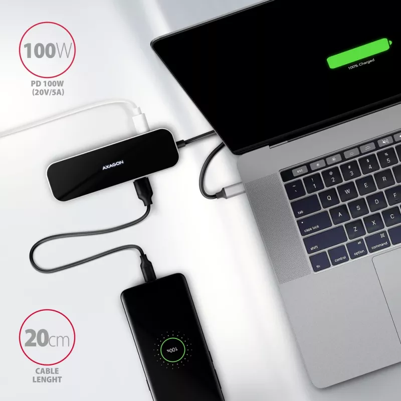 Axagon HMC-6GL USB 3.2 Gen 1 centrinis įrenginys, 3x USB-A, HDMI 4k/30Hz, RJ-45, PD 100W, 20 cm USB-C kabelis