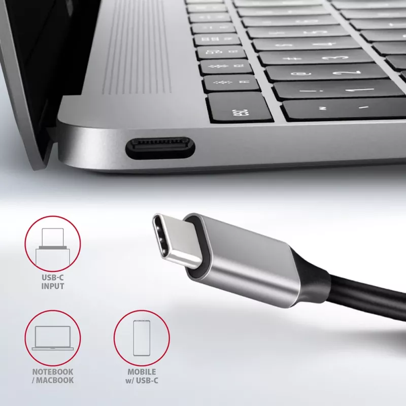Axagon HMC-6GL USB 3.2 Gen 1 centrinis įrenginys, 3x USB-A, HDMI 4k/30Hz, RJ-45, PD 100W, 20 cm USB-C kabelis