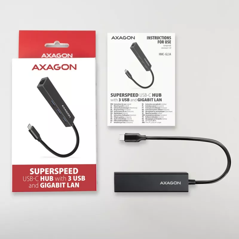 USB-C stotelė Axagon HMC-GL3A 3x USB-A Gbit-LAN juoda