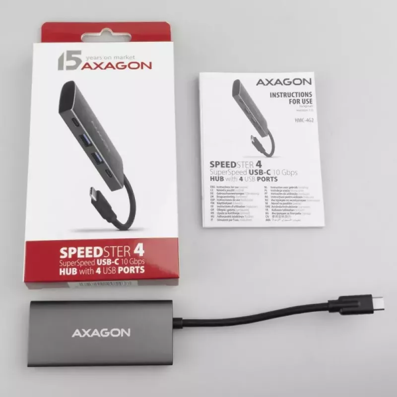 AXAGON HMC-4G2 USB-C 3.2 Gen 2 10 Gb/s hubas, 2x USB-A + 2x USB-C, 13 cm kabelis