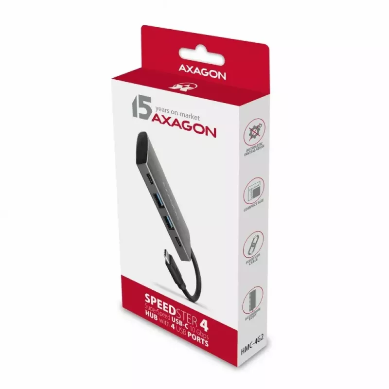 AXAGON HMC-4G2 USB-C 3.2 Gen 2 10 Gb/s hubas, 2x USB-A + 2x USB-C, 13 cm kabelis
