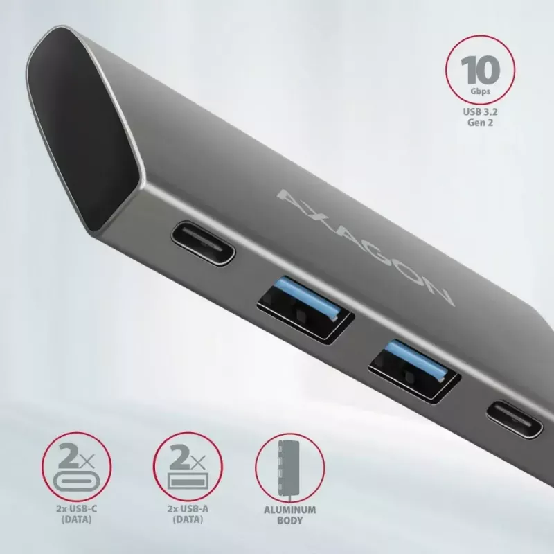 AXAGON HMC-4G2 USB-C 3.2 Gen 2 10 Gb/s hubas, 2x USB-A + 2x USB-C, 13 cm kabelis