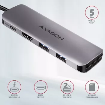 Axagon HMC-5 USB 3.2 Gen 1 šakotuvas, 2x USB-A, HDMI, SD/microSD, PD 100W, 20 cm USB-C laidas