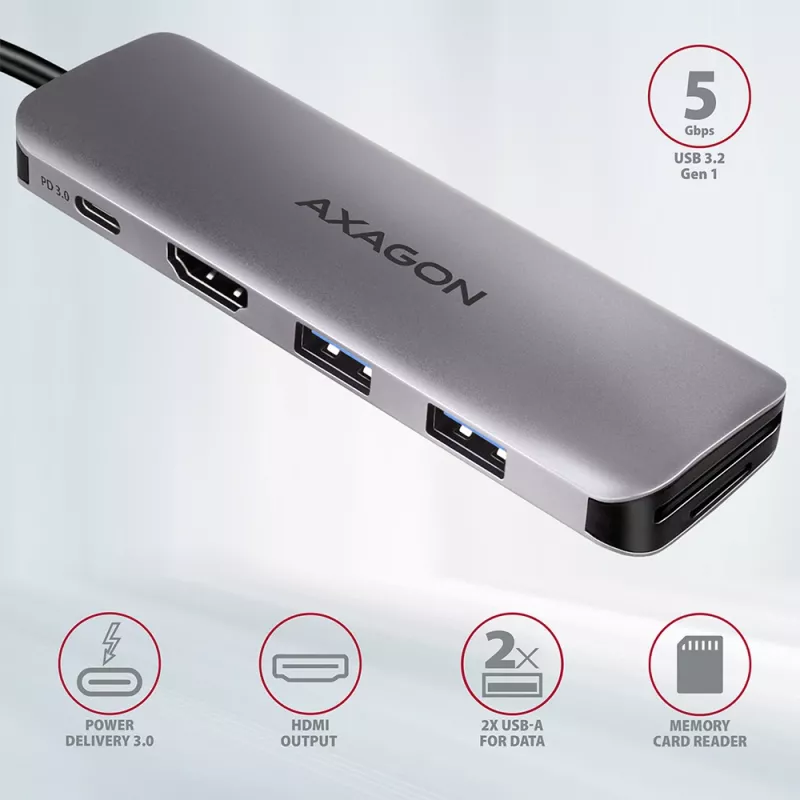 Axagon HMC-5 USB 3.2 Gen 1 šakotuvas, 2x USB-A, HDMI, SD/microSD, PD 100W, 20 cm USB-C laidas
