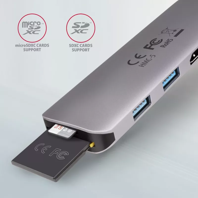 Axagon HMC-5 USB 3.2 Gen 1 šakotuvas, 2x USB-A, HDMI, SD/microSD, PD 100W, 20 cm USB-C laidas