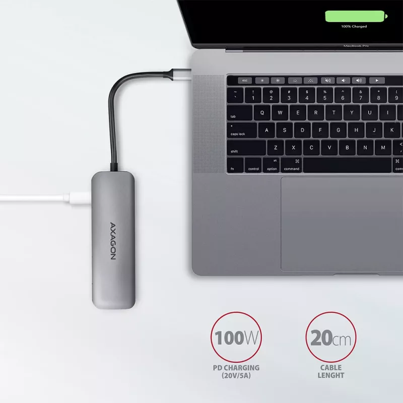 Axagon HMC-5 USB 3.2 Gen 1 šakotuvas, 2x USB-A, HDMI, SD/microSD, PD 100W, 20 cm USB-C laidas