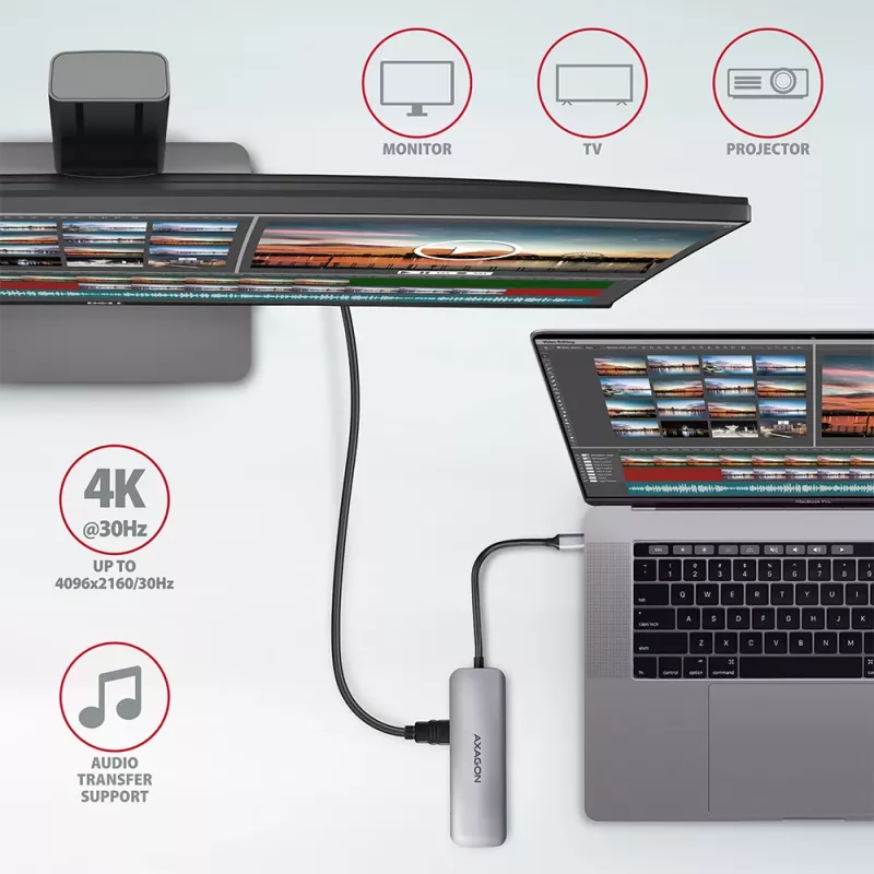 Axagon HMC-5 USB 3.2 Gen 1 šakotuvas, 2x USB-A, HDMI, SD/microSD, PD 100W, 20 cm USB-C laidas
