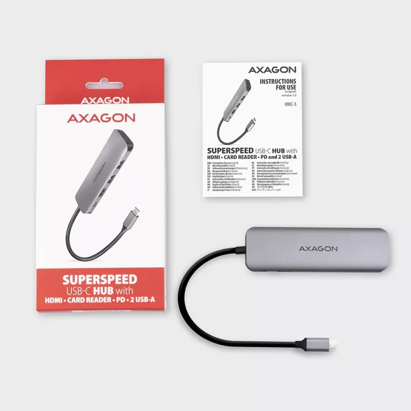 Axagon HMC-5 USB 3.2 Gen 1 šakotuvas, 2x USB-A, HDMI, SD/microSD, PD 100W, 20 cm USB-C laidas