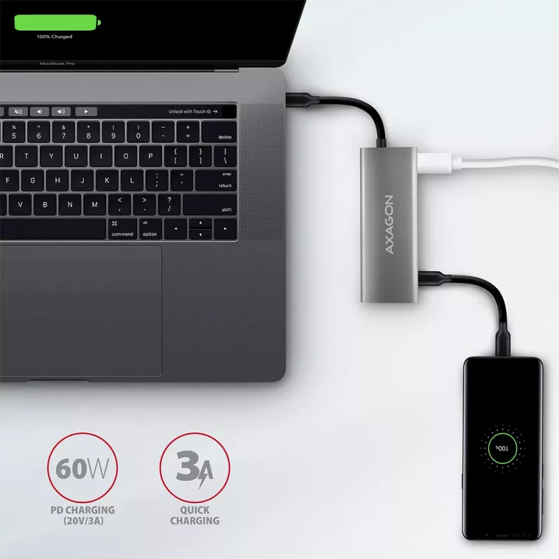 Axagon HMC-5G2 USB 10Gbps šakotuvas, 2x USB-A, 2x USB-C, HDMI 4k/60Hz, PD 100W, USB-C laidas