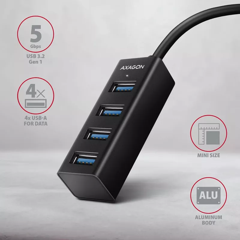USB 3.2 Gen 1 MINI stotelė Axagon HUE-M1AL, metalinis korpusas, 4x USB-A, 1.2 m USB-A laidas