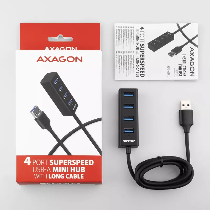 USB 3.2 Gen 1 MINI stotelė Axagon HUE-M1AL, metalinis korpusas, 4x USB-A, 1.2 m USB-A laidas