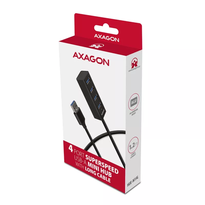 USB 3.2 Gen 1 MINI stotelė Axagon HUE-M1AL, metalinis korpusas, 4x USB-A, 1.2 m USB-A laidas