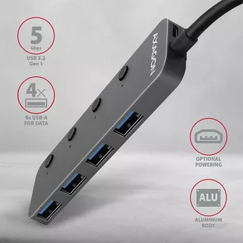Axagon HUE-MSA USB-A jungiklio šakotuvas 4x USB 3.0 aktyvus - 20cm juodas USB 3.2 Gen 1 Type-A 5000 Mbit/s pilkas