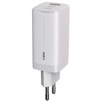 IBOX ILUC65W universalus mobiliojo įrenginio kroviklis, 65W, 2x USB-C + 1x USB-A, baltas, 1.5 m laidas