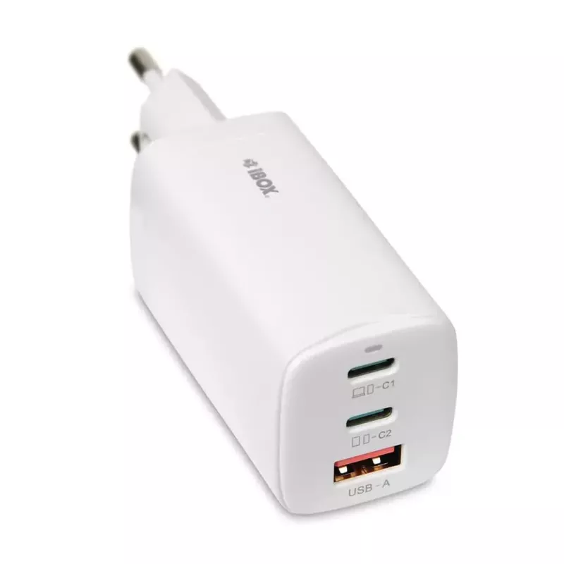 IBOX ILUC65W universalus mobiliojo įrenginio kroviklis, 65W, 2x USB-C + 1x USB-A, baltas, 1.5 m laidas