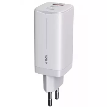 IBOX ILUC65W universalus mobiliojo įrenginio kroviklis, 65W, 2x USB-C + 1x USB-A, baltas, 1.5 m laidas