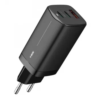 Kroviklis AC mobiliesiems įrenginiams IBOX ILUC65B — 65 W, 3x USB (2x USB‑A Gen1, 1x USB‑C), juodas, 100–240 V