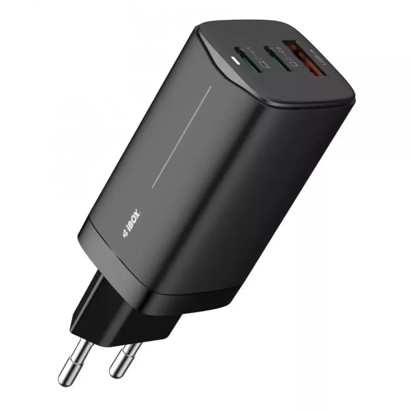 Kroviklis AC mobiliesiems įrenginiams IBOX ILUC65B — 65 W, 3x USB (2x USB‑A Gen1, 1x USB‑C), juodas, 100–240 V