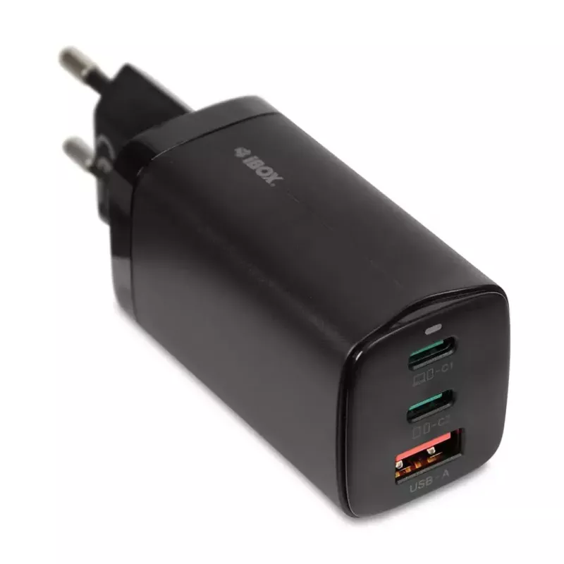 Kroviklis AC mobiliesiems įrenginiams IBOX ILUC65B — 65 W, 3x USB (2x USB‑A Gen1, 1x USB‑C), juodas, 100–240 V