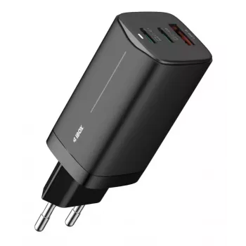 Kroviklis AC mobiliesiems įrenginiams IBOX ILUC65B — 65 W, 3x USB (2x USB‑A Gen1, 1x USB‑C), juodas, 100–240 V