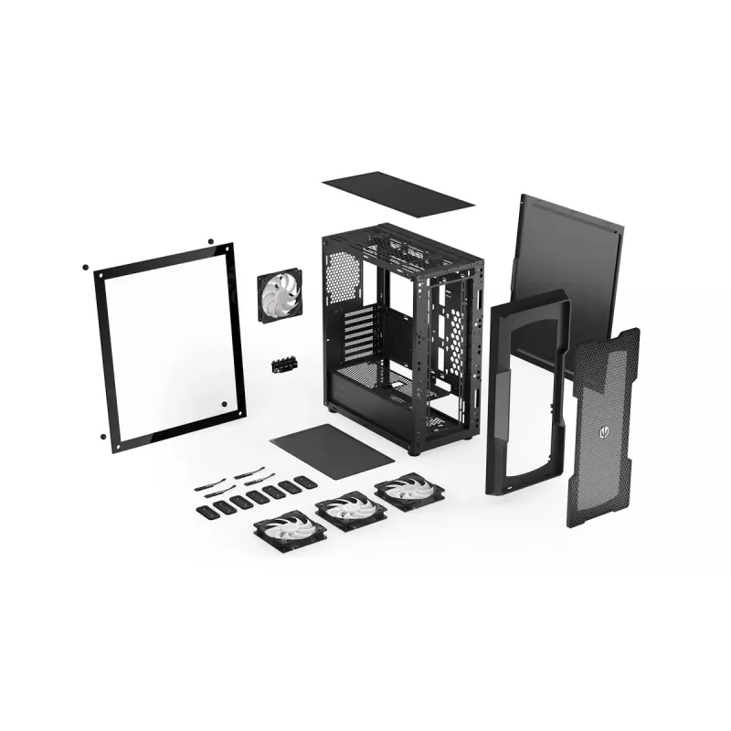 Korpusas ENDORFY Regnum 400 ARGB Tower Black — ATX, grūdintas stiklas, ARGB, 3x120mm priekyje, 1x120mm gale, palaiko GPU 37 cm
