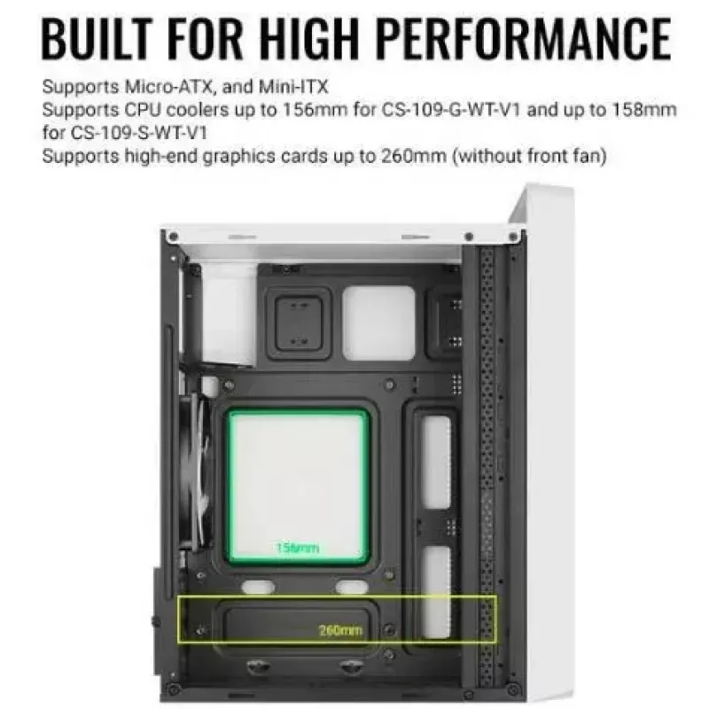Korpusas AEROCOOL PGS CS-109-G-WT-v1 Mini Tower SPCC baltas — microATX, iki 26 cm GPU, FRGB, tinklelinis priekis