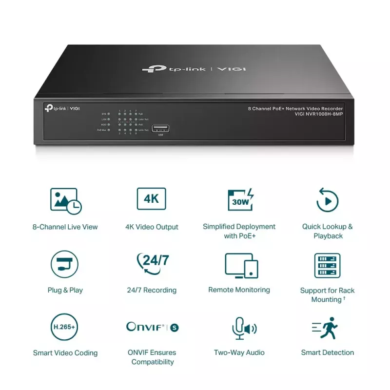 TP-Link VIGI NVR1008H-8MP 8 kanalų PoE+ tinklo vaizdo registratorius