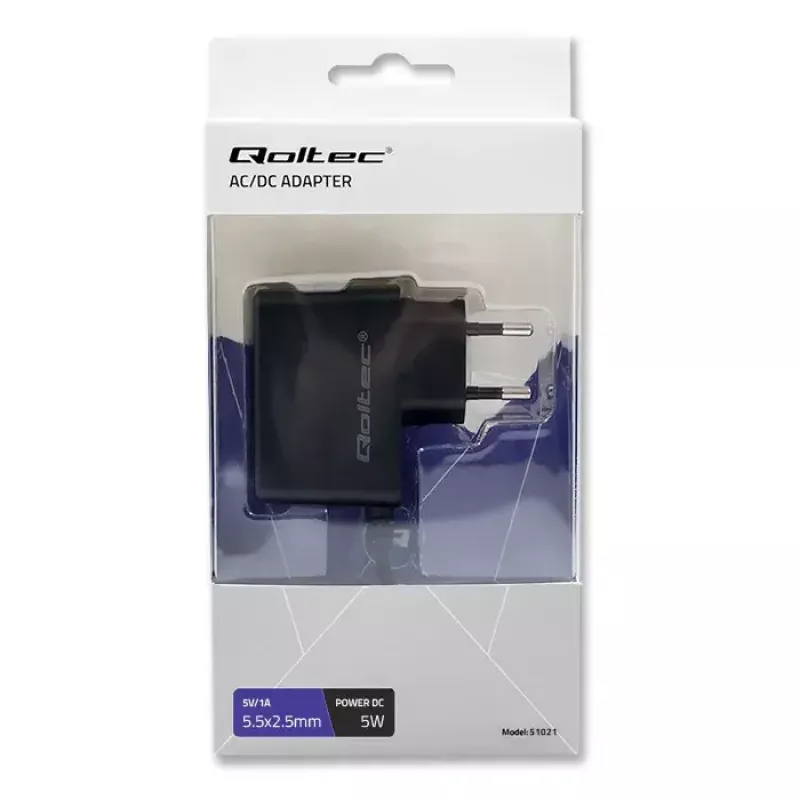 Qoltec 51021 maitinimo adapteris į rozetę 5 W, 5 V, 1 A, 5,5x2,5 mm