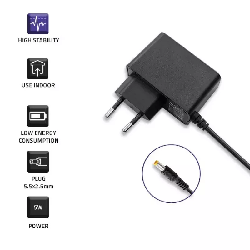 Qoltec 51021 maitinimo adapteris į rozetę 5 W, 5 V, 1 A, 5,5x2,5 mm
