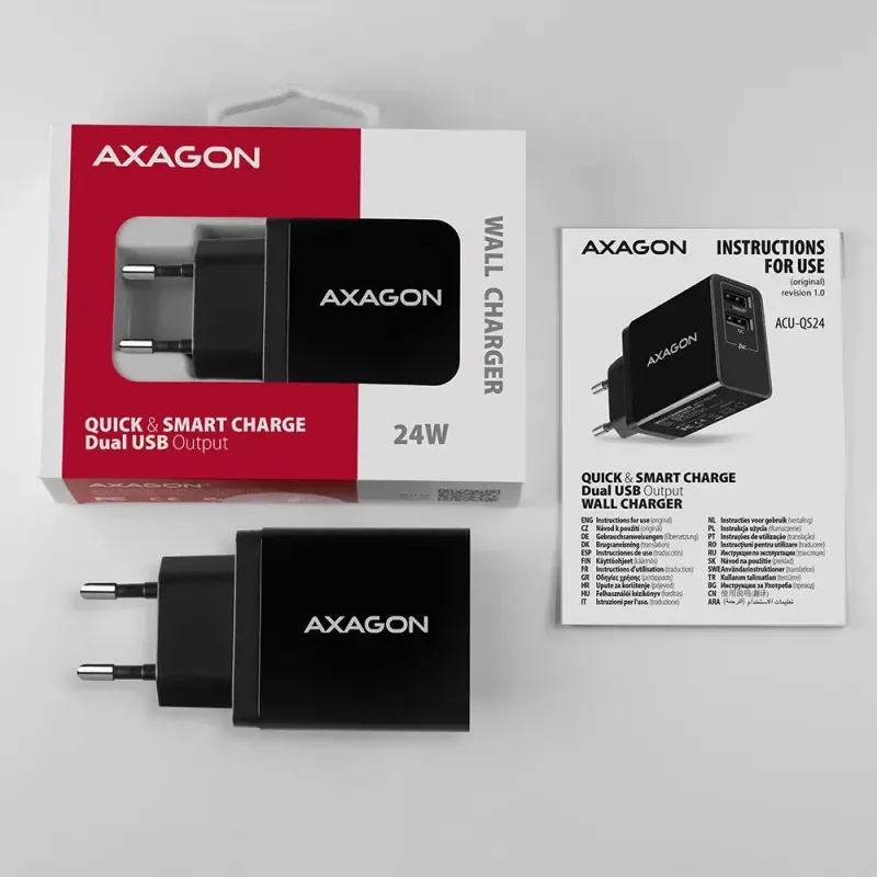 Sieninis įkroviklis AXAGON ACU-QS24 2x USB QC3.0/AFC/FCP + 5V-1,2A 24W
