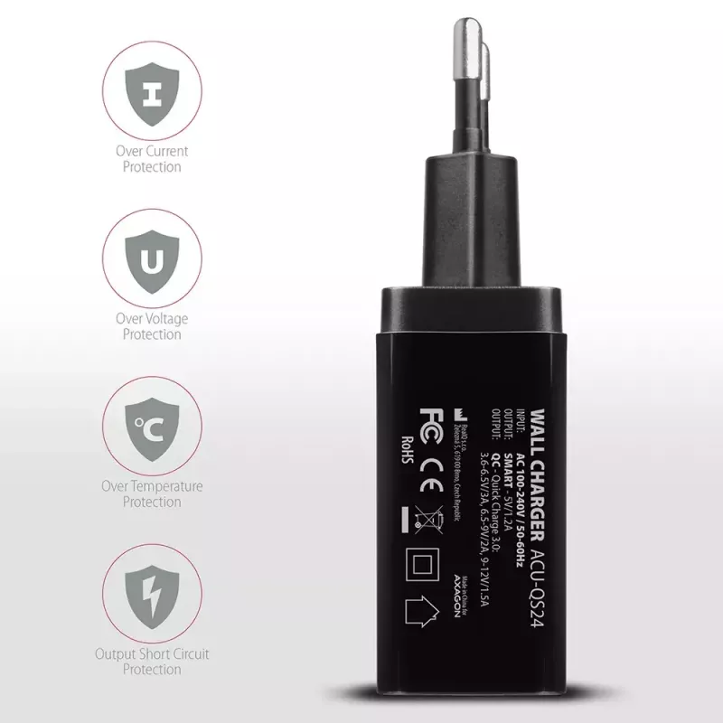 Sieninis įkroviklis AXAGON ACU-QS24 2x USB QC3.0/AFC/FCP + 5V-1,2A 24W