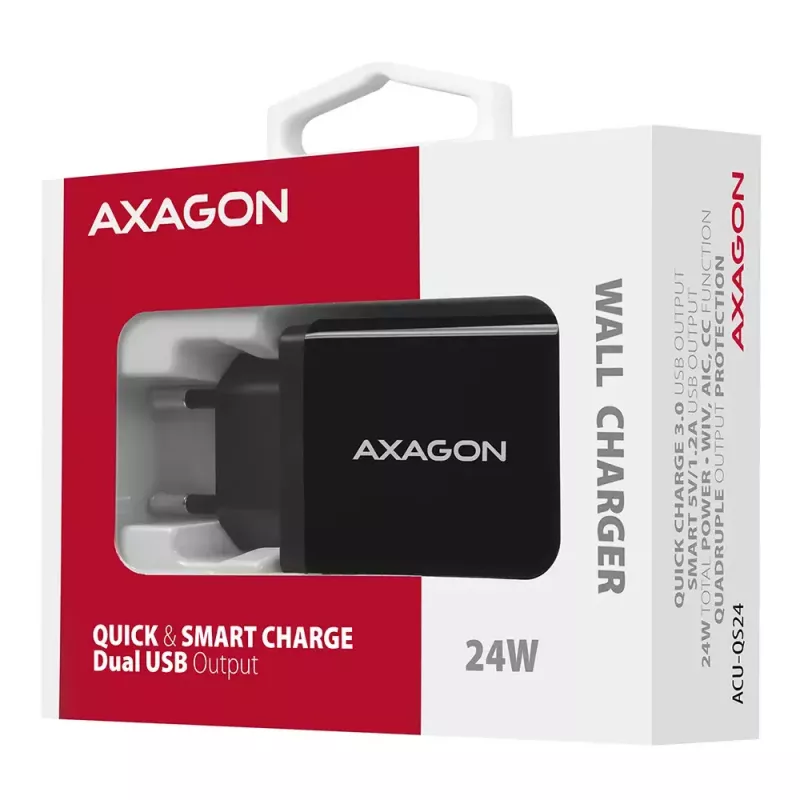 Sieninis įkroviklis AXAGON ACU-QS24 2x USB QC3.0/AFC/FCP + 5V-1,2A 24W