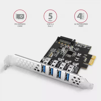 PCIe kortelė Axagon PCEU-43RS – 4x USB 3.2 Gen 1 5 Gbps prievadai, dvigubas maitinimas, Renesas PD720201, SP ir LP