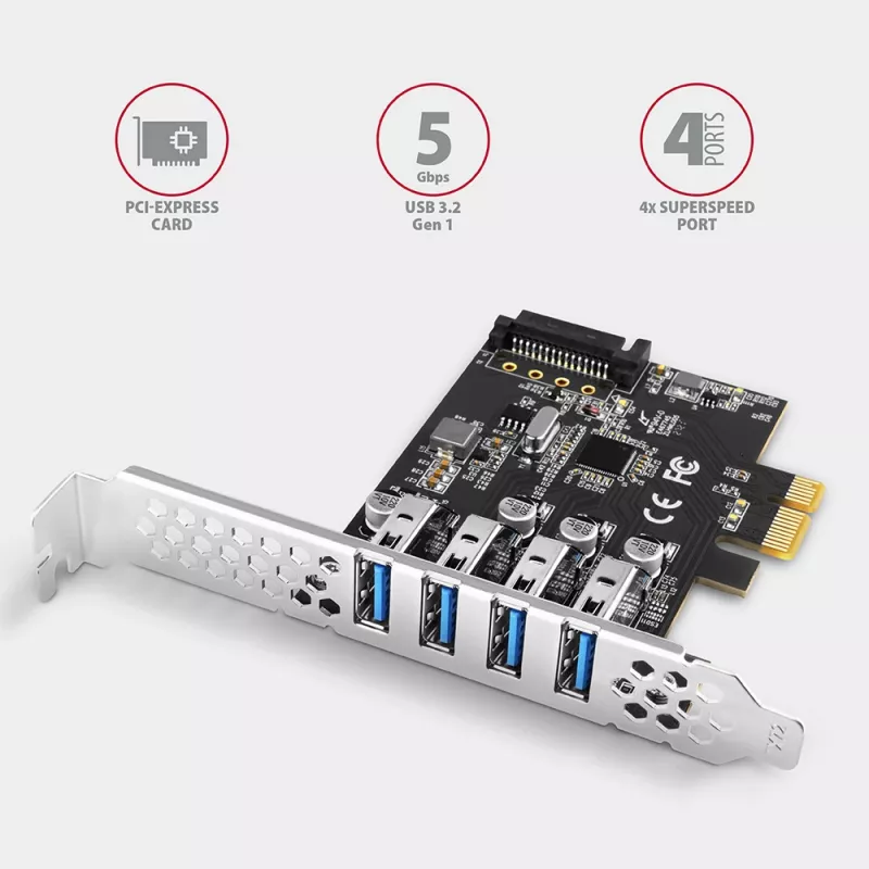 PCIe kortelė Axagon PCEU-43RS – 4x USB 3.2 Gen 1 5 Gbps prievadai, dvigubas maitinimas, Renesas PD720201, SP ir LP