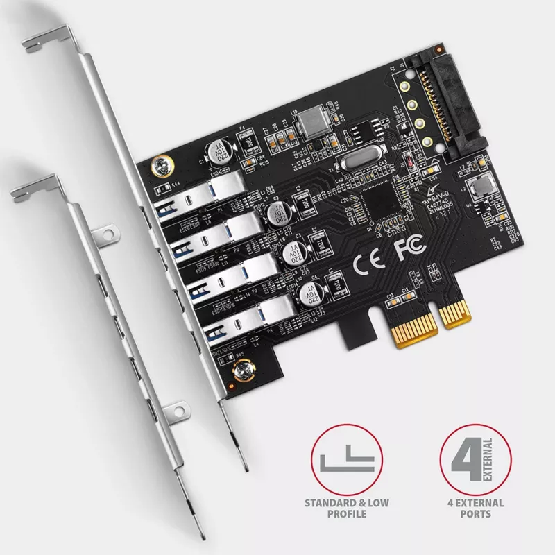 PCIe kortelė Axagon PCEU-43RS – 4x USB 3.2 Gen 1 5 Gbps prievadai, dvigubas maitinimas, Renesas PD720201, SP ir LP