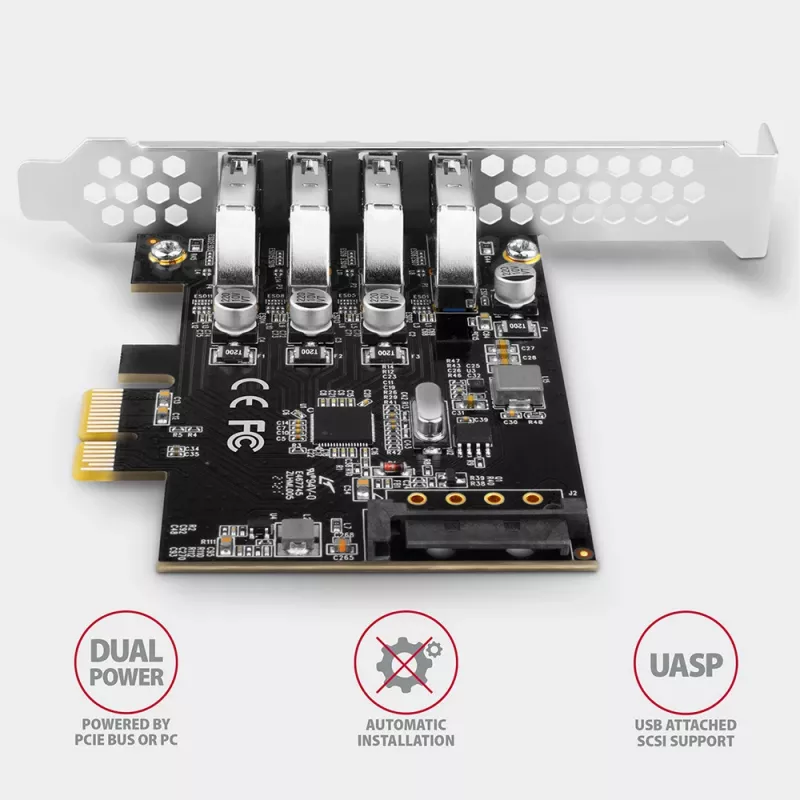 PCIe kortelė Axagon PCEU-43RS – 4x USB 3.2 Gen 1 5 Gbps prievadai, dvigubas maitinimas, Renesas PD720201, SP ir LP