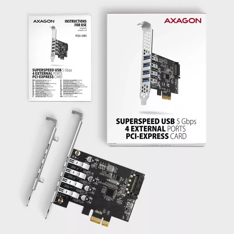 PCIe kortelė Axagon PCEU-43RS – 4x USB 3.2 Gen 1 5 Gbps prievadai, dvigubas maitinimas, Renesas PD720201, SP ir LP