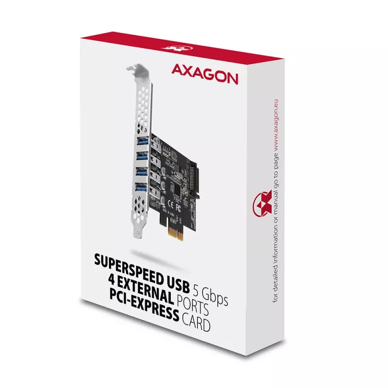 PCIe kortelė Axagon PCEU-43RS – 4x USB 3.2 Gen 1 5 Gbps prievadai, dvigubas maitinimas, Renesas PD720201, SP ir LP