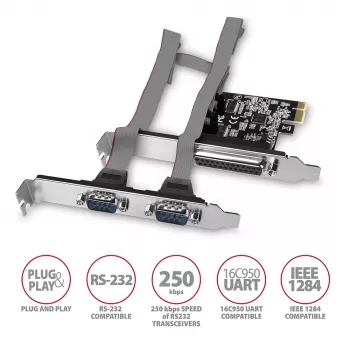 Axagon PCEA-PSN PCIe adapteris - 1x lygiagretus ir 2x nuoseklus (RS-232) prievadas, 250 kbps, su standartiniu ir žemo profilio laikikliais