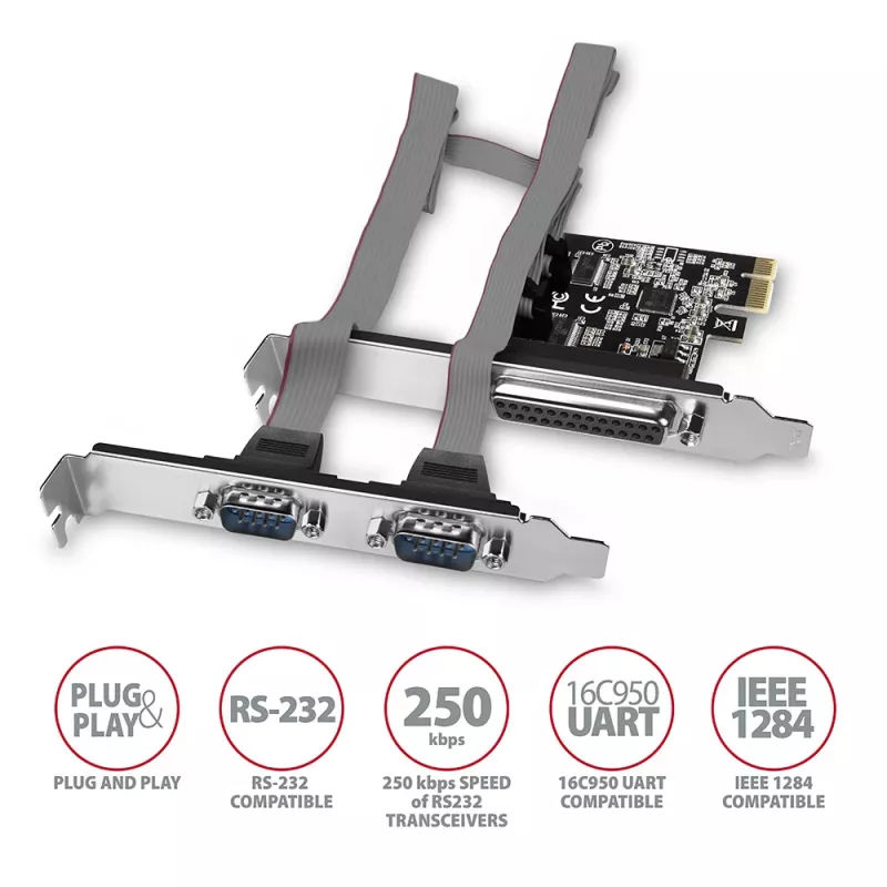 Axagon PCEA-PSN PCIe adapteris - 1x lygiagretus ir 2x nuoseklus (RS-232) prievadas, 250 kbps, su standartiniu ir žemo profilio laikikliais