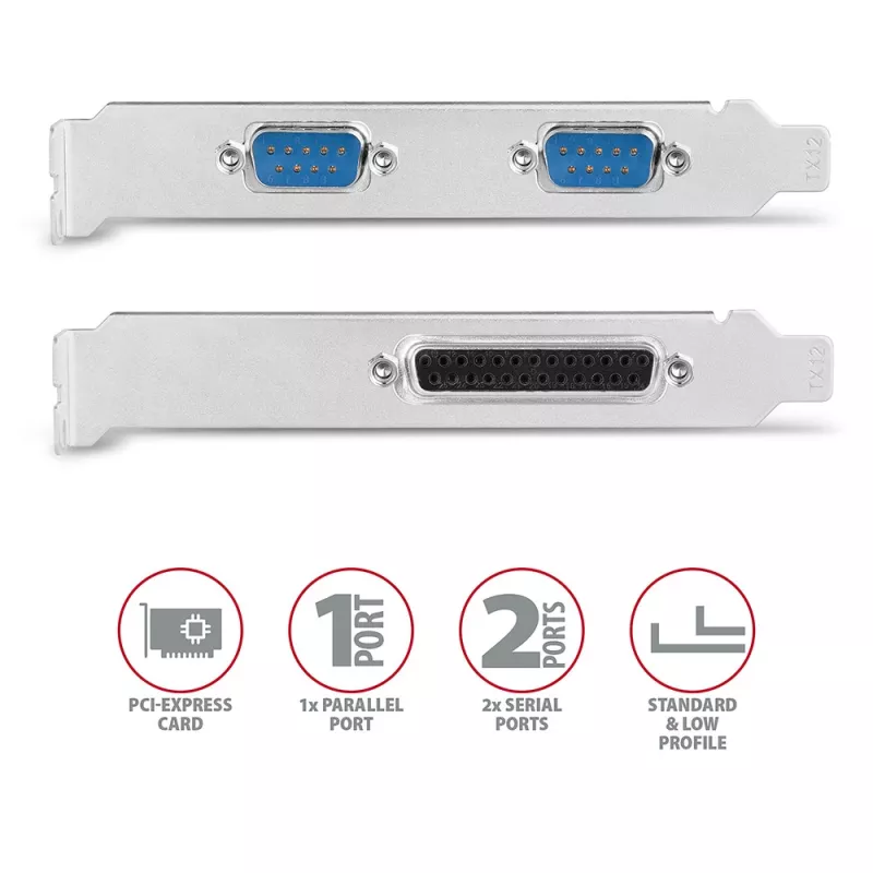 Axagon PCEA-PSN PCIe adapteris - 1x lygiagretus ir 2x nuoseklus (RS-232) prievadas, 250 kbps, su standartiniu ir žemo profilio laikikliais