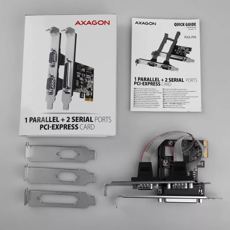 Axagon PCEA-PSN PCIe adapteris - 1x lygiagretus ir 2x nuoseklus (RS-232) prievadas, 250 kbps, su standartiniu ir žemo profilio laikikliais