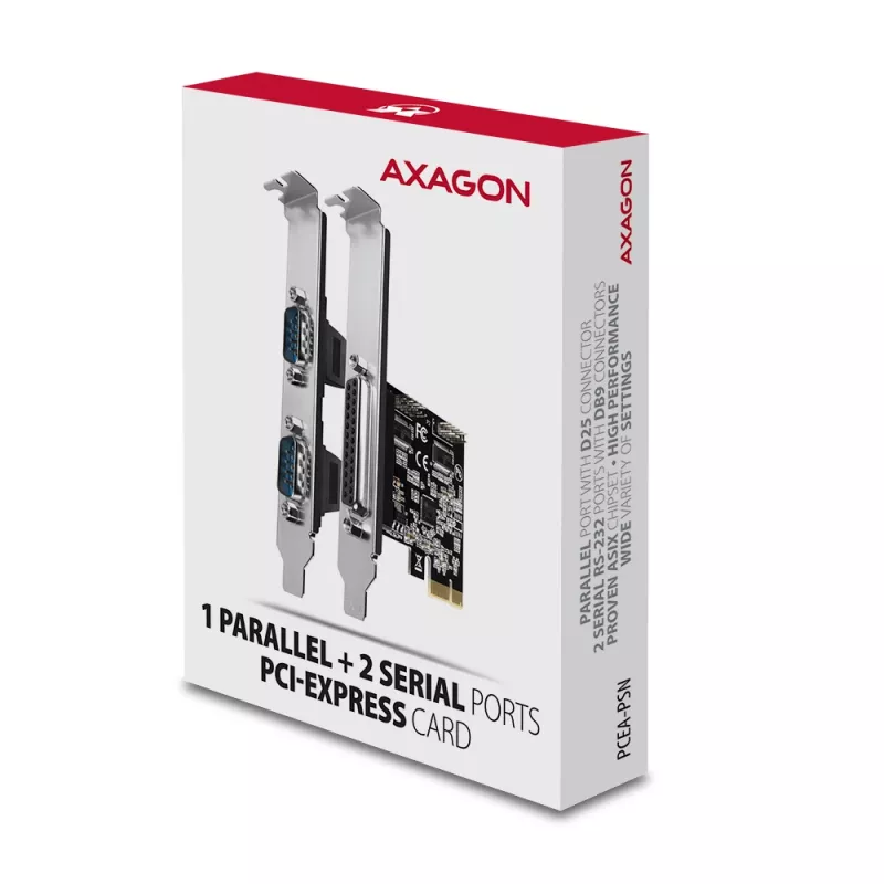 Axagon PCEA-PSN PCIe adapteris - 1x lygiagretus ir 2x nuoseklus (RS-232) prievadas, 250 kbps, su standartiniu ir žemo profilio laikikliais