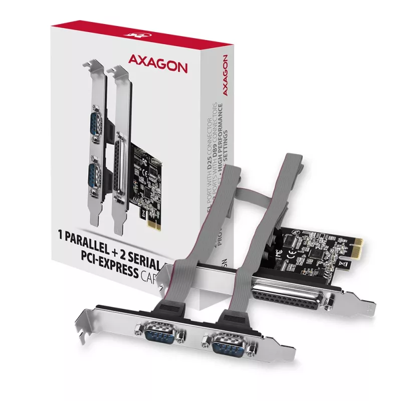 Axagon PCEA-PSN PCIe adapteris - 1x lygiagretus ir 2x nuoseklus (RS-232) prievadas, 250 kbps, su standartiniu ir žemo profilio laikikliais