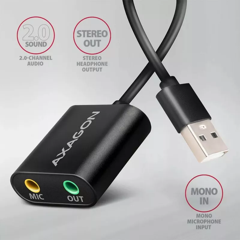 Išorinis USB garso adapteris AXAGON ADA-12 su 1x 3,5 mm lizdu ausinėms ir mikrofonui