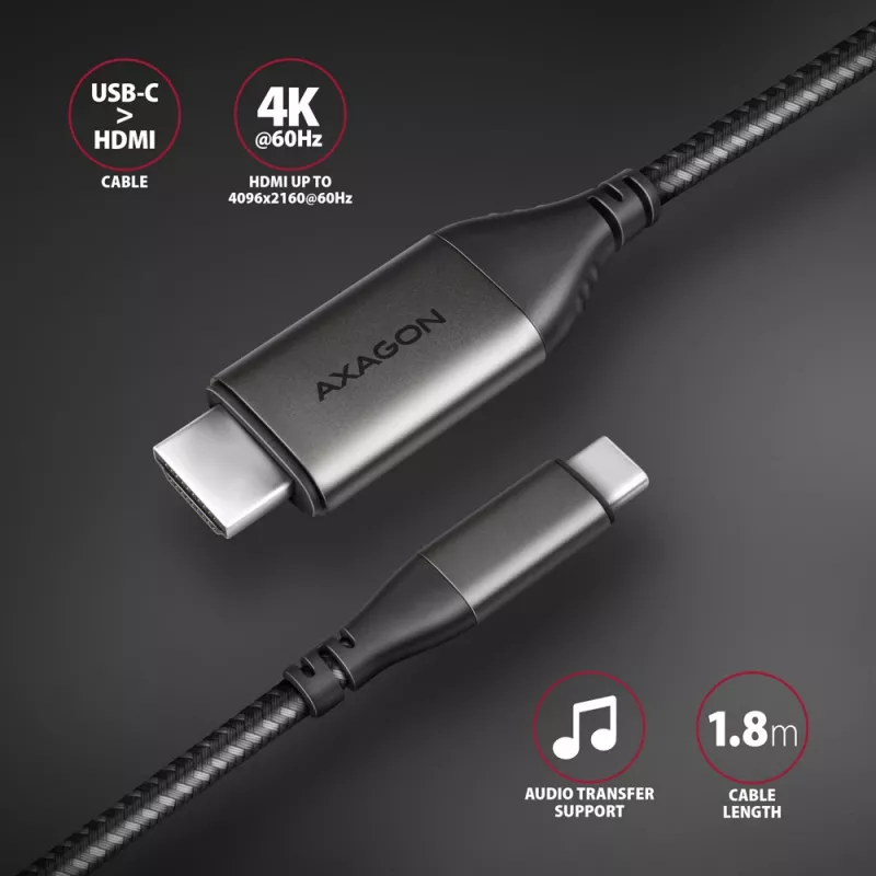 Aktyvus USB-C → HDMI 2.0a laidas Axagon RVC-HI2MC, 1.8 m, 4K/60Hz, HDR10